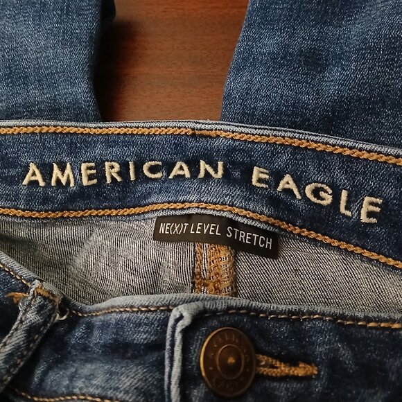 American Eagle Jeans Size 10 Super High Rise Slit Flare Blue Denim Stretch - Picture 9 of 12